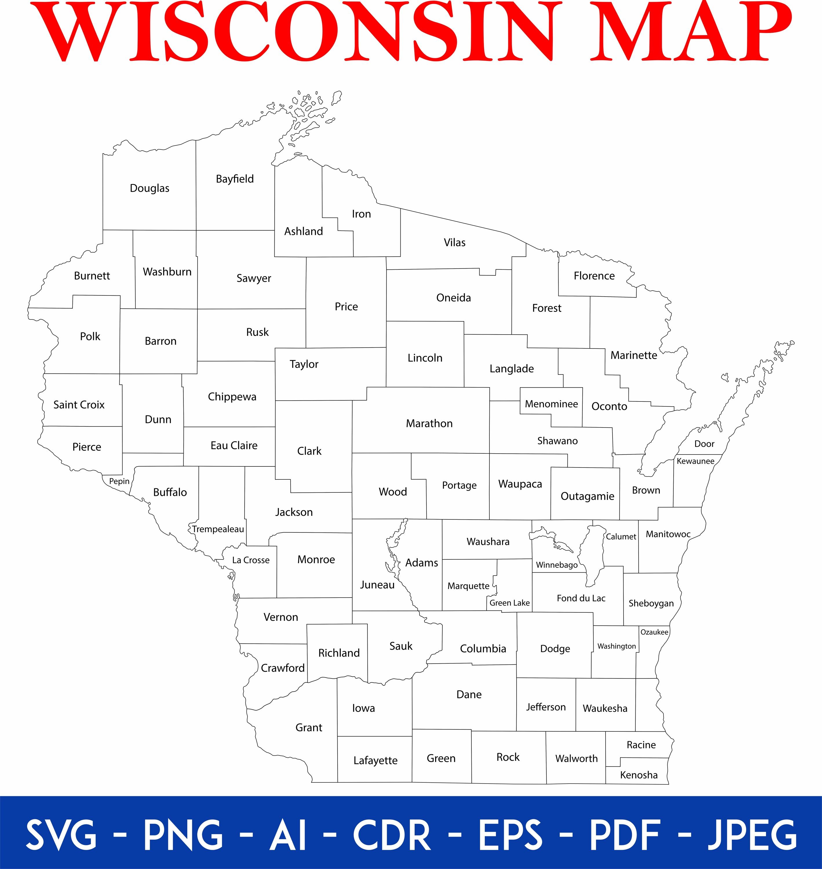 Wisconsin Teplate Wisconsin County State Map Outline Digital Download | USA Map Clipart ...