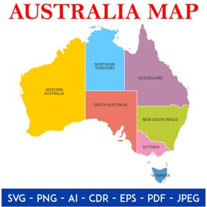 Pode incluir: Um mapa colorido da Austrália, com cada estado e território em uma cor diferente. O texto "AUSTRALIA MAP" está em vermelho no topo. O mapa inclui os nomes de cada estado e território. Os formatos de arquivo estão listados na parte inferior.
