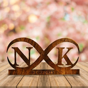 Eternal Love in Wood: Personalized Infinity Sign with Name Initials and Date - Anniversary, Wedding, Gift for Couples - 23"x12"