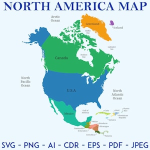 Pode incluir: Um mapa colorido da América do Norte, com países rotulados em texto em negrito. O mapa inclui EUA, Canadá, México e várias nações da América Central e do Caribe. O título "NORTH AMERICA MAP" está no topo. Formatos de arquivo na parte inferior.