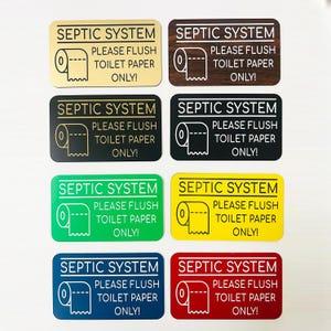SEPTIC SYSTEM - Please Flush Toilet Paper Only Sign | 3&quot;x5&quot; Engraved Restroom Plaque with Adhesive Backing | Bathroom Warning Notice
