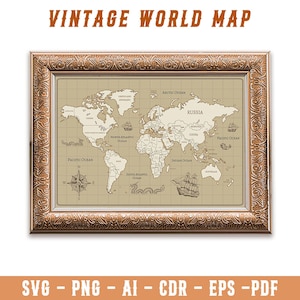 Vintage Weltkarte Umriss Digitaler Download | Landkarte Clipart Schnittdatei | Reise Cricut Dateien für SVG, Png, Jpg, Pdf, Cdr, EPS, AI - Deco, Art