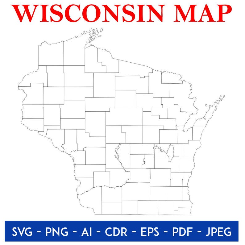 Wisconsin Teplate Wisconsin State County Map Outline Digital Download | USA Map Clipart ...