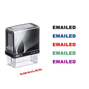 May include: A clear and black "COLOR Printer 20" stamp with the word "EMAILED" printed in red. The image also shows the word "EMAILED" in black, blue, red, green, and purple.