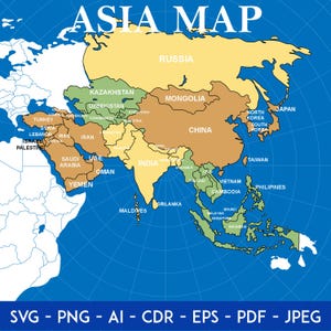 以下が含まれることがあります： アジアのカラフルな地図。国名が白で表示されています。地図は青色の背景にグリッド線があります。上部には「ASIA MAP」の文字。下部には「SVG - PNG - AI - CDR - EPS - PDF - JPEG」の文字があります。