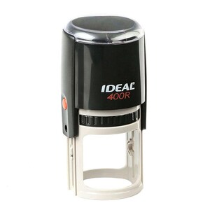 May include: Black and white self-inking stamp with a clear top and a red button. The stamp has the text "IDEAL 400R" printed on the side.