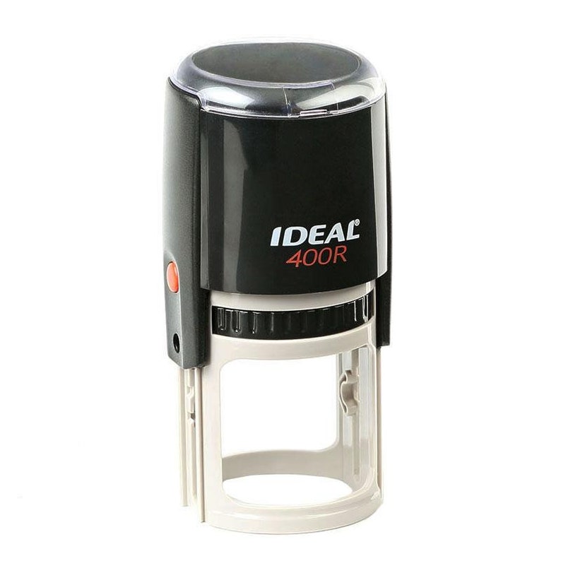 May include: Black and white self-inking stamp with a clear top and a red button. The stamp has the text "IDEAL 400R" printed on the side.