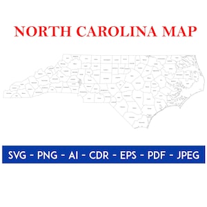 Puede incluir: Un mapa en blanco y negro de Carolina del Norte, con los nombres de los condados. El texto "NORTH CAROLINA MAP" está en rojo en la parte superior. Un banner azul en la parte inferior enumera los formatos de archivo: SVG, PNG, AI, CDR, EPS, PDF y JPEG.