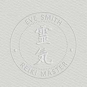 May include: A white circle with the text "Eve Smith Reiki Master" around the edge. Inside the circle is a Japanese symbol in black.