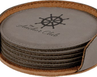 Personalized round leather coasters set of 6 With Holder, Custom coasters, Engraved coaster, Leather Coaster Housewarming gift, Wedding gift