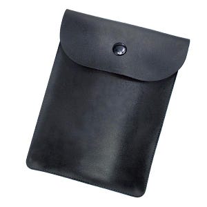 May include: A black leather pouch with a flap closure and a single button. The rectangular pouch is designed to hold small items and has a smooth, matte finish. The flap is curved and secured with a dark button.