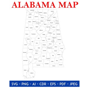 May include: A detailed outline map of Alabama, with each county labeled in black text. The state name, "ALABAMA MAP," is displayed in large red letters at the top. Below the map, a blue banner lists file formats: SVG, PNG, AI, CDR, EPS, PDF, and JPEG.