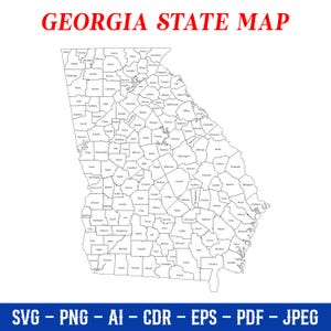 Könnte beinhalten: Eine schwarz-weiße Karte von Georgia, USA, mit Umrissen und Namen der Landkreise. Der Text "GEORGIA STATE MAP" ist rot. Am unteren Rand stehen Dateiformatoptionen: SVG, PNG, AI, CDR, EPS, PDF und JPEG.