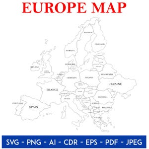 May include: A black and white map of Europe, showing country borders and names. The title "EUROPE MAP" is in red at the top. The image includes file format options at the bottom: SVG, PNG, AI, CDR, EPS, PDF, and JPEG.
