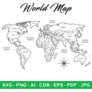 Digitale download wereldkaartoverzicht | Kaart clipart gesneden bestand | Reizen Cricut-bestanden voor Svg, Png, Jpg, Pdf, Cdr, EPS - behang, deco, kunst