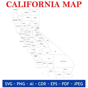 May include: A detailed outline map of California, with each county labeled in black text. The title "CALIFORNIA MAP" is in red at the top. Below the map, the text "SVG - PNG - AI - CDR - EPS - PDF - JPEG" is displayed in a blue banner.