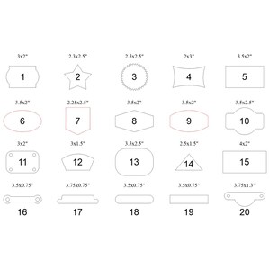 Puede incluir: Un fondo blanco muestra veinte formas de etiquetas numeradas en varios diseños. Las medidas se dan en pulgadas, como 7,6 x 5,1 cm, 5,8 x 6,4 cm y 8,9 x 5,1 cm. Las formas incluyen rectángulos, óvalos y estrellas.