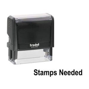 May include: A black self-inking stamp with a clear base, featuring the brand name Trodat and model number printy 4915 printed on the front. The text Stamps Needed is displayed in black font below the rectangular office supply device.