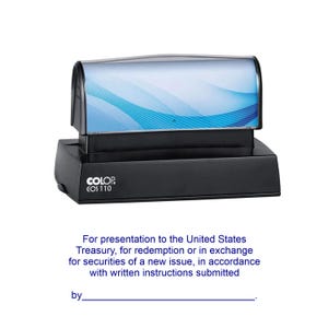 May include: A black COLOP EOS 110 stamp with a blue and white design on the top. The stamp has text on the base and is on a white background. The text reads: For presentation to the United States Treasury...