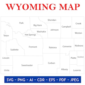 Téléchargement numérique du contour de la carte du comté du Wyoming | Fichier de coupe des cliparts de la carte des Etats-Unis | Fichiers Cricut de voyage pour Svg, Png, Jpg, Pdf, Cdr, EPS - Déco, Art