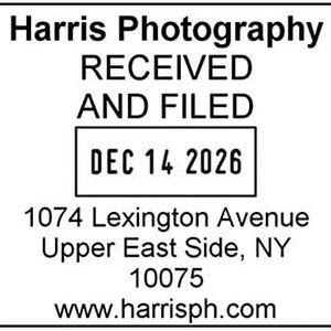 May include: Black and white stamp with the text "Harris Photography" and "RECEIVED AND FILED" with the date "DEC 14 2026" in a box. The address is "1074 Lexington Avenue Upper East Side, NY 10075" and the website is "www.harrisph.com".