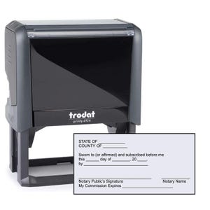 May include: A black Trodat printy 4926 self-inking stamp with a rectangular design. The stamp is shown next to a white document with fill-in-the-blank fields for a notary public.