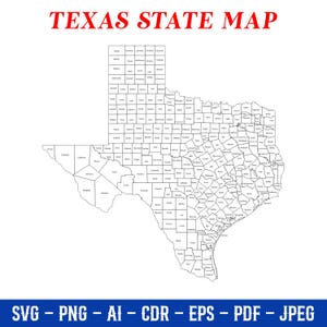 Téléchargement numérique du contour de la carte du comté du Texas | Fichier de coupe des cliparts de la carte des Etats-Unis | Fichiers Cricut de voyage pour Svg, Png, Jpg, Pdf, Cdr, EPS - Déco, Art