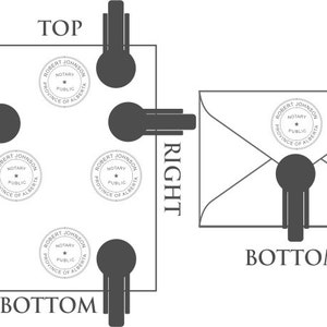 以下が含まれることがあります： 文書と封筒に4つの公証人の印章を配置した図。印章は丸く黒色で、白い文字で「ロバート・ジョンソン、公証人、アルバータ州」と記載されています。図は、文書と封筒の上部、下部、左側、右側に配置された印章を示しています。