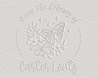 Personalized Library Embosser - Custom Name, Butterfly, and Flowers Design - Round 1.625" - Exquisite Book Embossing Tool for Bibliophiles