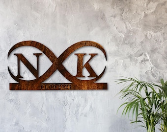 Eternal Love in Wood: Personalized Infinity Sign with Name Initials and Date - Anniversary, Wedding, Gift for Couples - 23&quot;x12&quot; Wall Sign