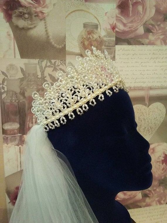 Vintage bridal pearl tiara and veil, pearl tiara,… - image 6