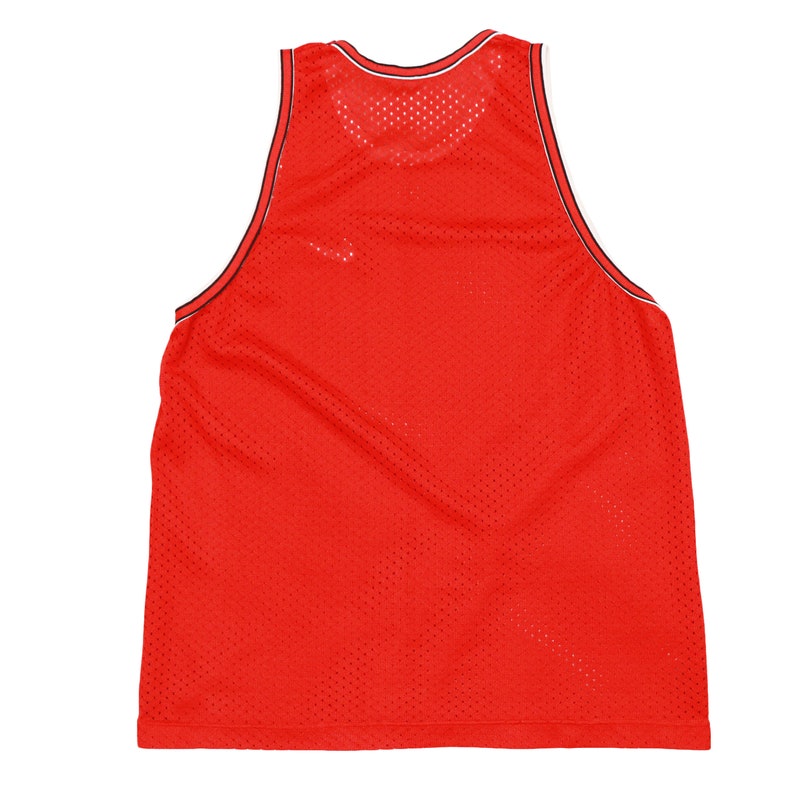 May include: Red mesh tank top with black and white trim around the neck and armholes.