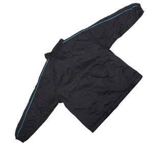 May include: Black athletic jacket with a full zip and long sleeves. The jacket has a turquoise stripe down the sleeves. The jacket is made of a lightweight, possibly nylon, material.