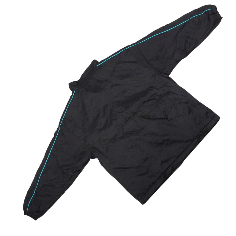 May include: Black athletic jacket with a full zip and long sleeves. The jacket has a turquoise stripe down the sleeves. The jacket is made of a lightweight, possibly nylon, material.