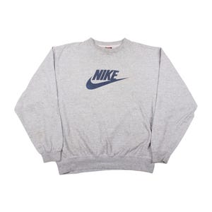 Vintage Nike Crewneck Sweatshirt Gray Spellout Big Swoosh Logo 90s Streetwear Pullover Size - L