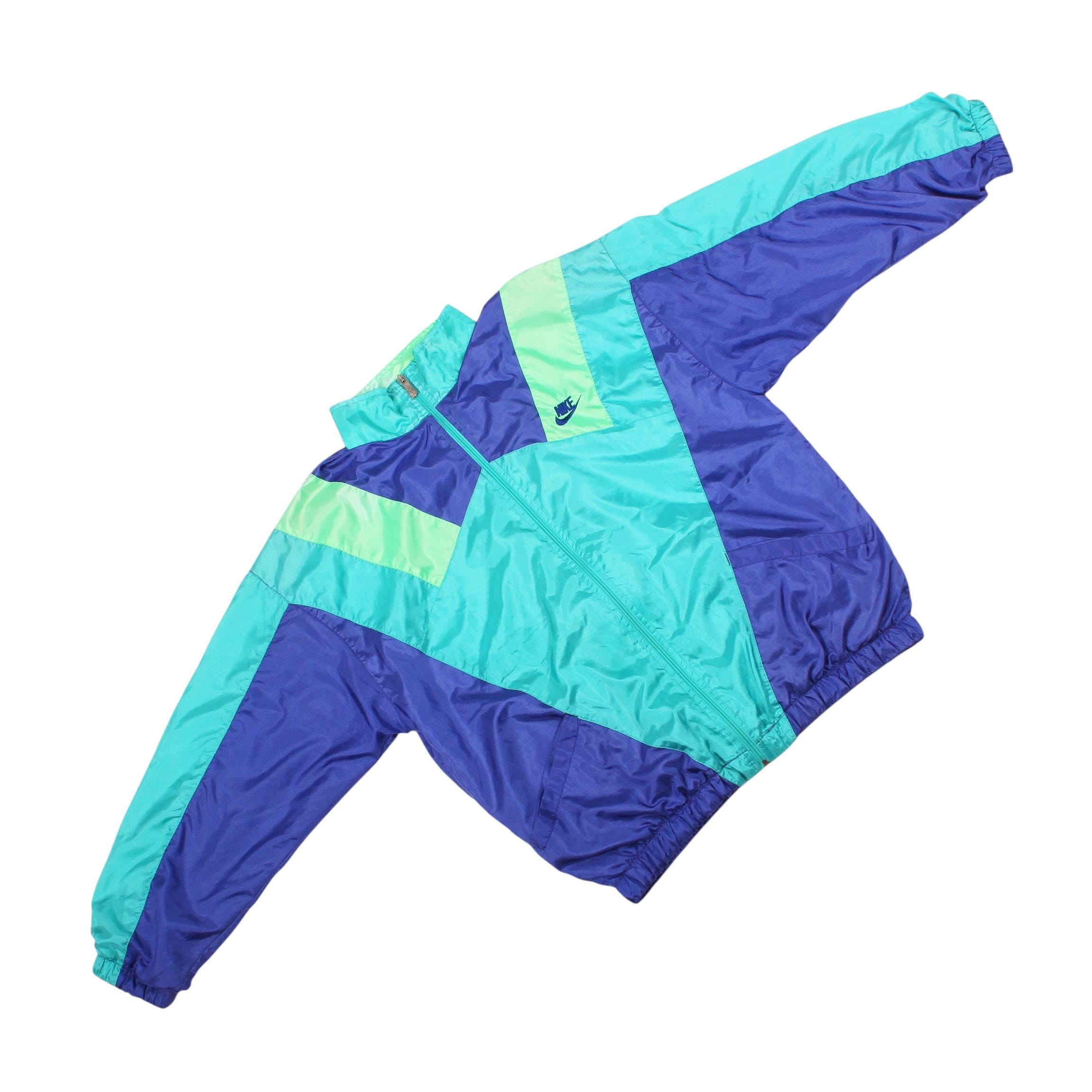 Vintage 90er Jahre Nike Windbreaker Jacke Colorblock - Retro Nylon Trainingsjacke mit durchgehendem Reißverschluss - Old School Sportswear Streetwear - Größe M