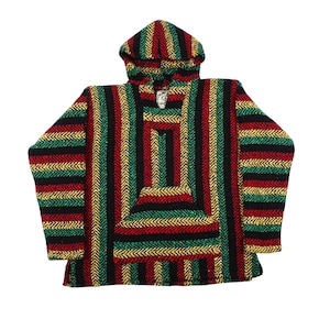 Camisa vintage Baja com capuz, estampa rastafári, estilo manta mexicana Jerga.