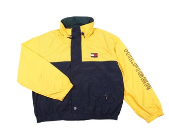 Giacca vintage Tommy Hilfiger, giacca a vento con logo color block giallo blu navy e maniche