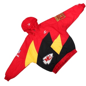 Kansas city chiefs nfl, Logo athletic jacket, Vintage chiefs puffer, NFL pro line jacket, 90s sports streetwear, KC chiefs windbreaker, Heavyweight puffer coat, Retro nfl outerwear, Red color block jacket, Embroidered nfl coat, Arrowhead stadium gear, Spell out sleeve jacket, Vintage hip hop jacket, Official nfl merchandise, Rare vintage puffer