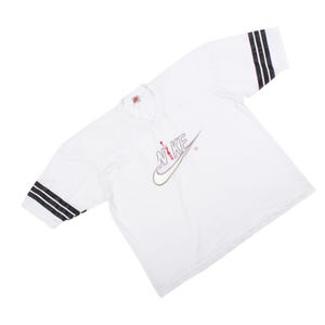 Vintage Nike Jersey T-Shirt White Mesh 90s Big Swoosh Logo Sportswear Striped Sleeves L Made in USA