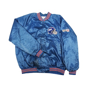 Vintage New York Giants Satin Bomber Jacket Chalk Line 90s NFL Team Apparel Blue Snap Button Size Large