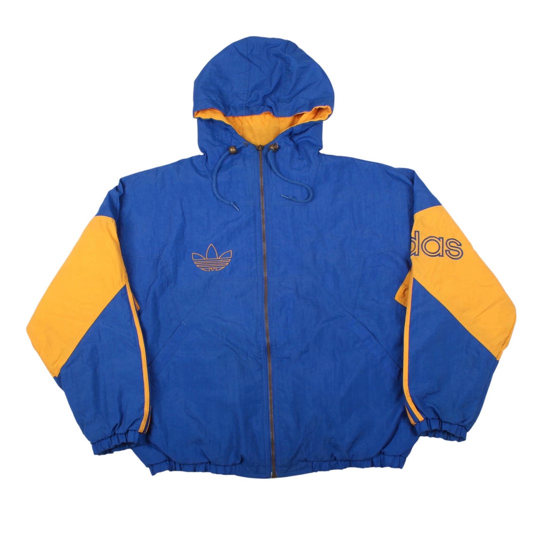 Vintage Adidas Windbreaker Jacket 90s Trefoil Hooded Blue Yellow - Etsy