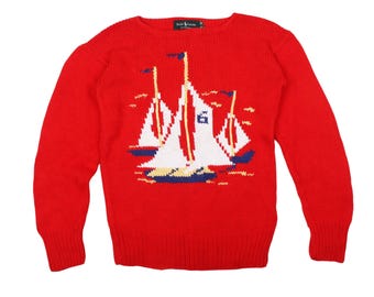 Vintage Ralph Lauren Roter Segelboot Strickpullover 90s Nautical Preppy Crewneck