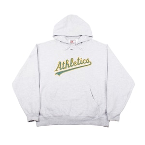 Vintage Nike Oakland A’s gray hoodie XXL with green yellow Athletics script logo and embroidered swoosh, 90s MLB streetwear style