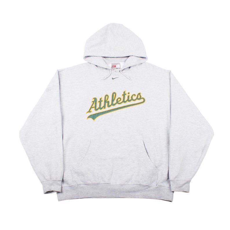Vintage Nike Oakland A’s gray hoodie XXL with green yellow Athletics script logo and embroidered swoosh, 90s MLB streetwear style