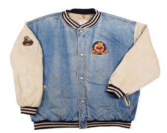 Vintage 90s Winnie the Pooh Denim Varsity Jacket - Disney Store Bear Bomber