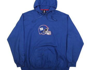 May include: A royal blue hooded sweatshirt with a large embroidered New York Giants logo featuring a helmet with the team's initials "NY" on the front.