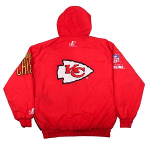 Back view of vintage 90s Logo Athletic Kansas City Chiefs red puffer jacket with large embroidered Arrowhead logo.