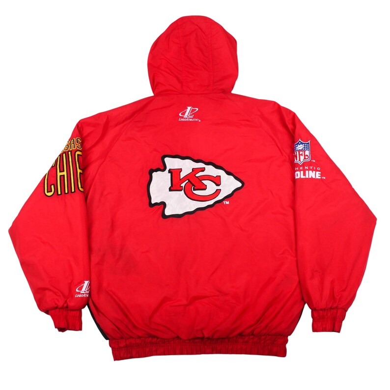 Back view of vintage 90s Logo Athletic Kansas City Chiefs red puffer jacket with large embroidered Arrowhead logo.