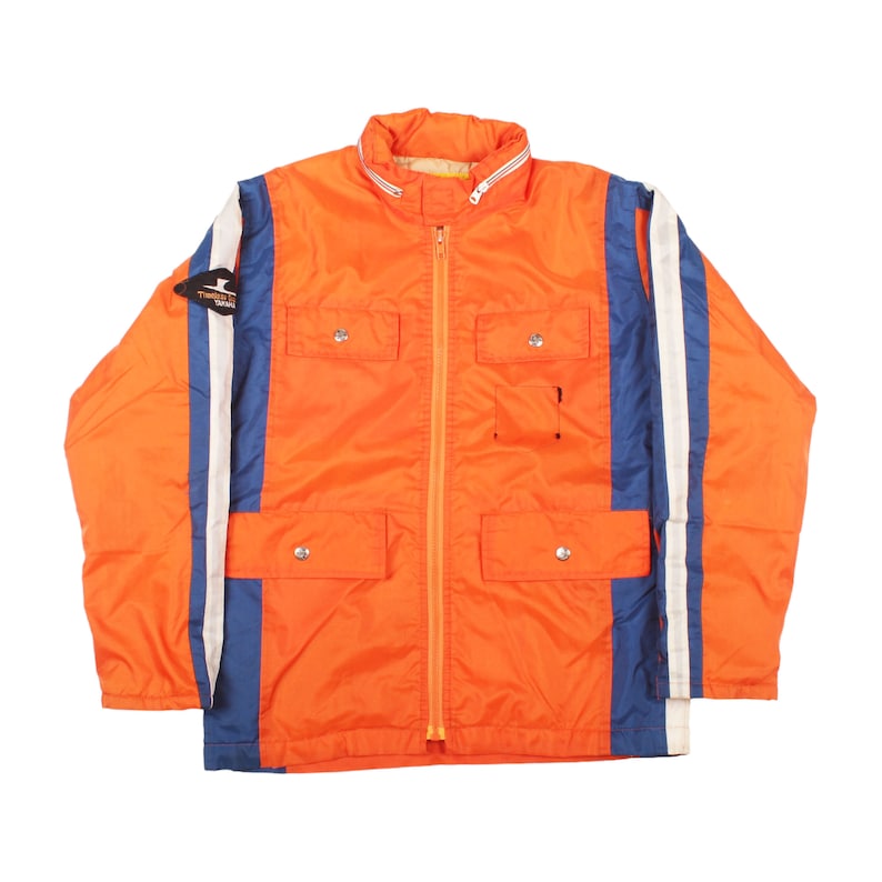 Bright orange vintage Yamaha racing jacket with blue and white stripes, front pockets, and Yamaha Wear label, ideal for motorsport or snowmobile enthusiasts.